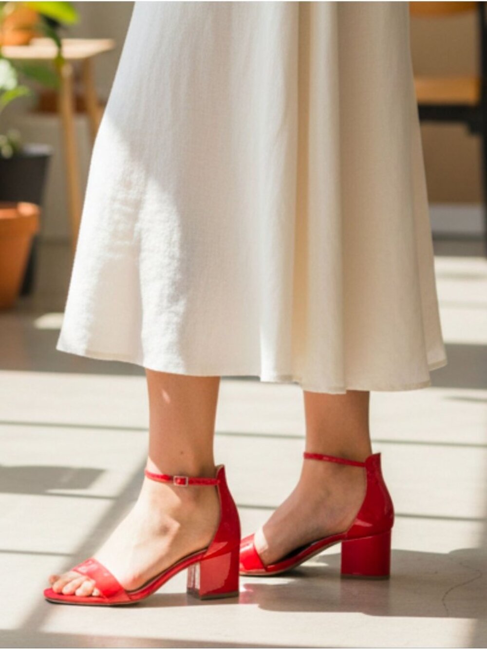 Red Patent Block Heel Sandals With Ankle Strap - Womens Dress Shoes